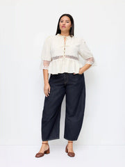 Round Neckline Lace Polka Dot Puff Sleeve Blouse Curve & Plus