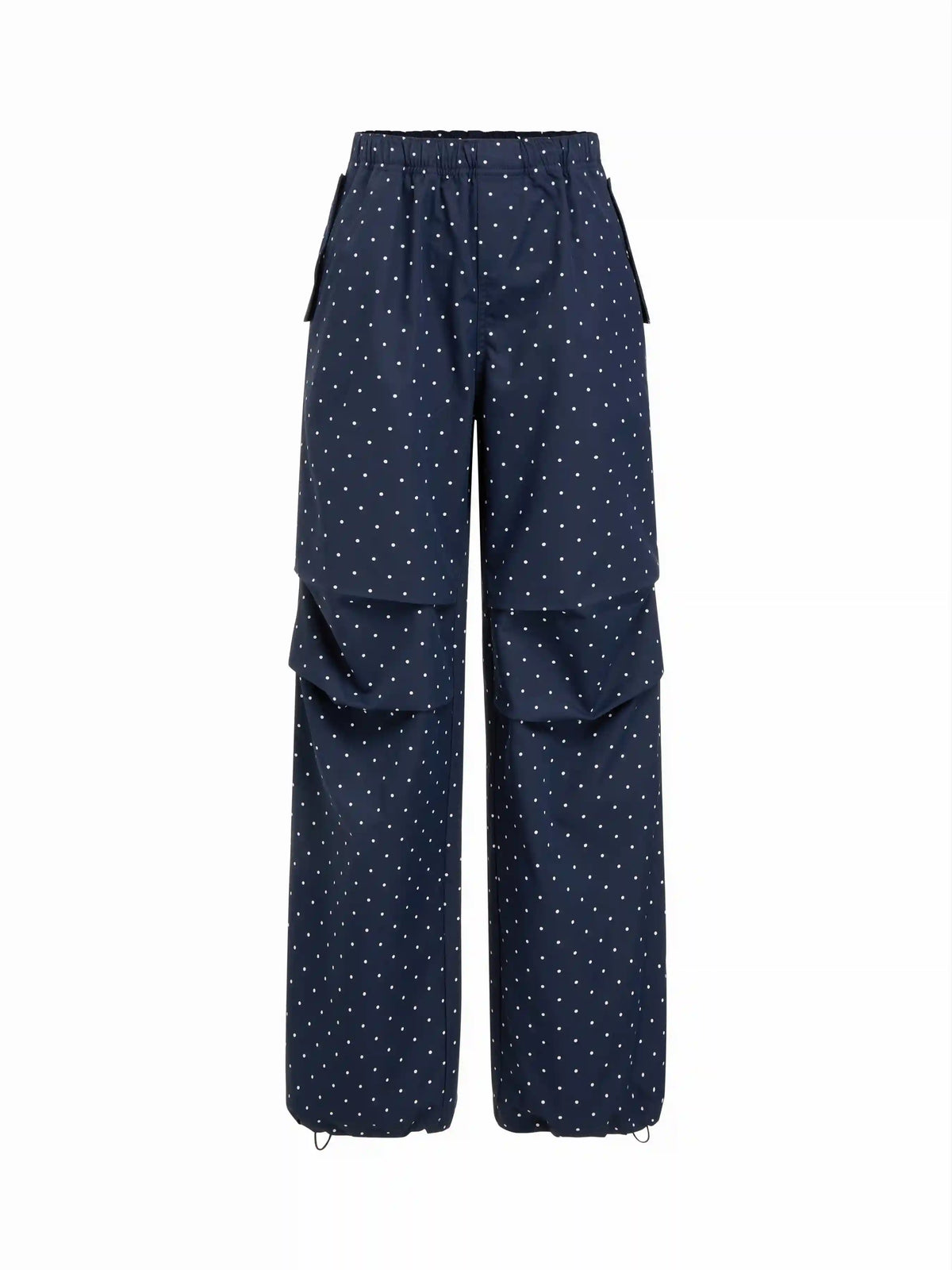 Mid Rise Polka Dot Elastic Waist Drawstring Straight Leg Trousers