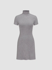 Knit High Neck Solid Mini Dress