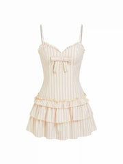 Cotton-blend Sweetheart Striped Ruffled A-line Mini Dress
