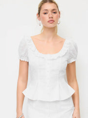 Jacquard Ruffled Scoop Neck Puff Sleeve Peplum Blouse
