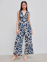 Woven V-neck Abstract Sleeveless Wide Leg Jumpsuit