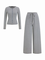 Striped Round Neck Top & Mid Rise Drawstring Wide Leg Trousers Set