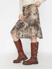 Mesh Leopard Mid Rise Bowknot Ruffle Hem Midi Skirt