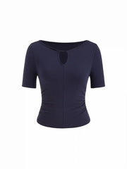 High Stretch Boat Neck Short Sleeve Twist Cut Out Ruched Tee