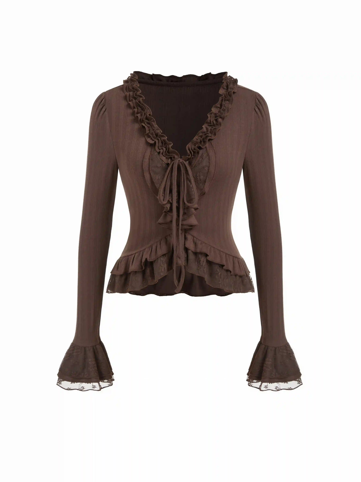 V-neck Lettuce Trim Layered Ruffle Hem Lace Patched Bell Sleeve Top