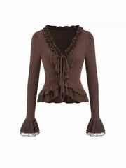 V-neck Lettuce Trim Layered Ruffle Hem Lace Patched Bell Sleeve Top