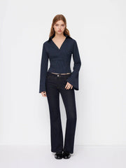 Stripe Collar V-neck Bell Sleeve Asymmetrical Button Shirt