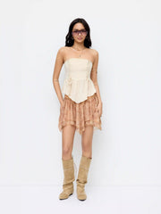 Cotton-blend Strapless Ruched Lace-up Peplum Crop Top