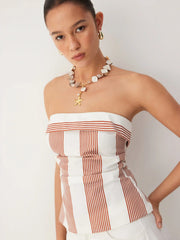 Linen-blend Strapless Geometric Stripe Ruched Top