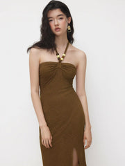 Halter Neckline Jacquard Beaded Split Maxi Dress