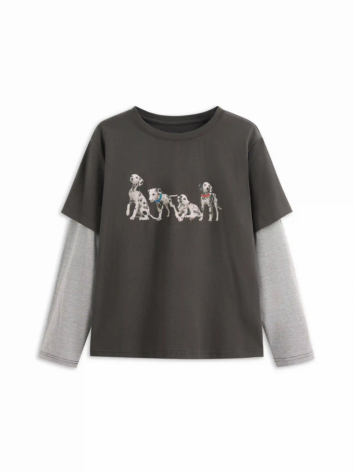 Dog Graphic Striped Long Sleeve Two Tone Oversized Tee Curve & Plus