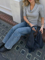 Knit Cowl Neck Puff Sleeve Top
