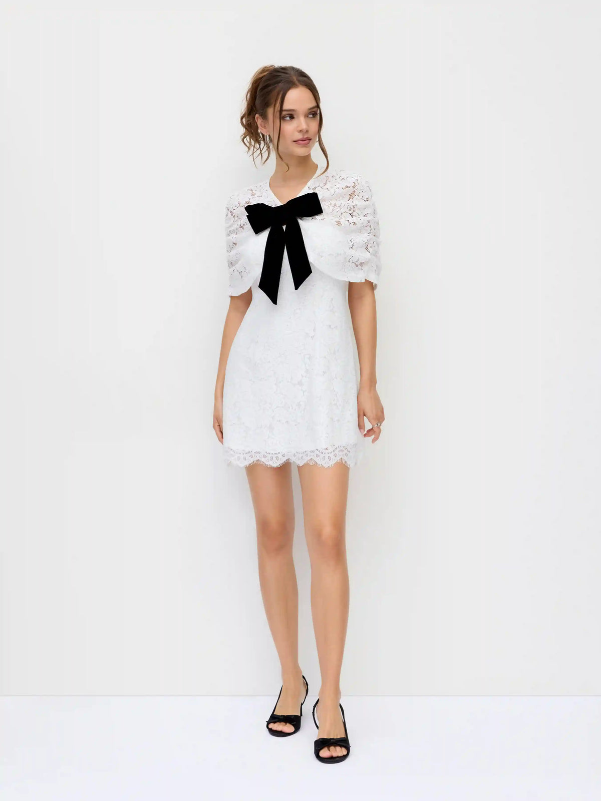 Cotton-blend Lace V-neck Bowknot A-line Mini Dress