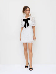 Cotton-blend Lace V-neck Bowknot A-line Mini Dress