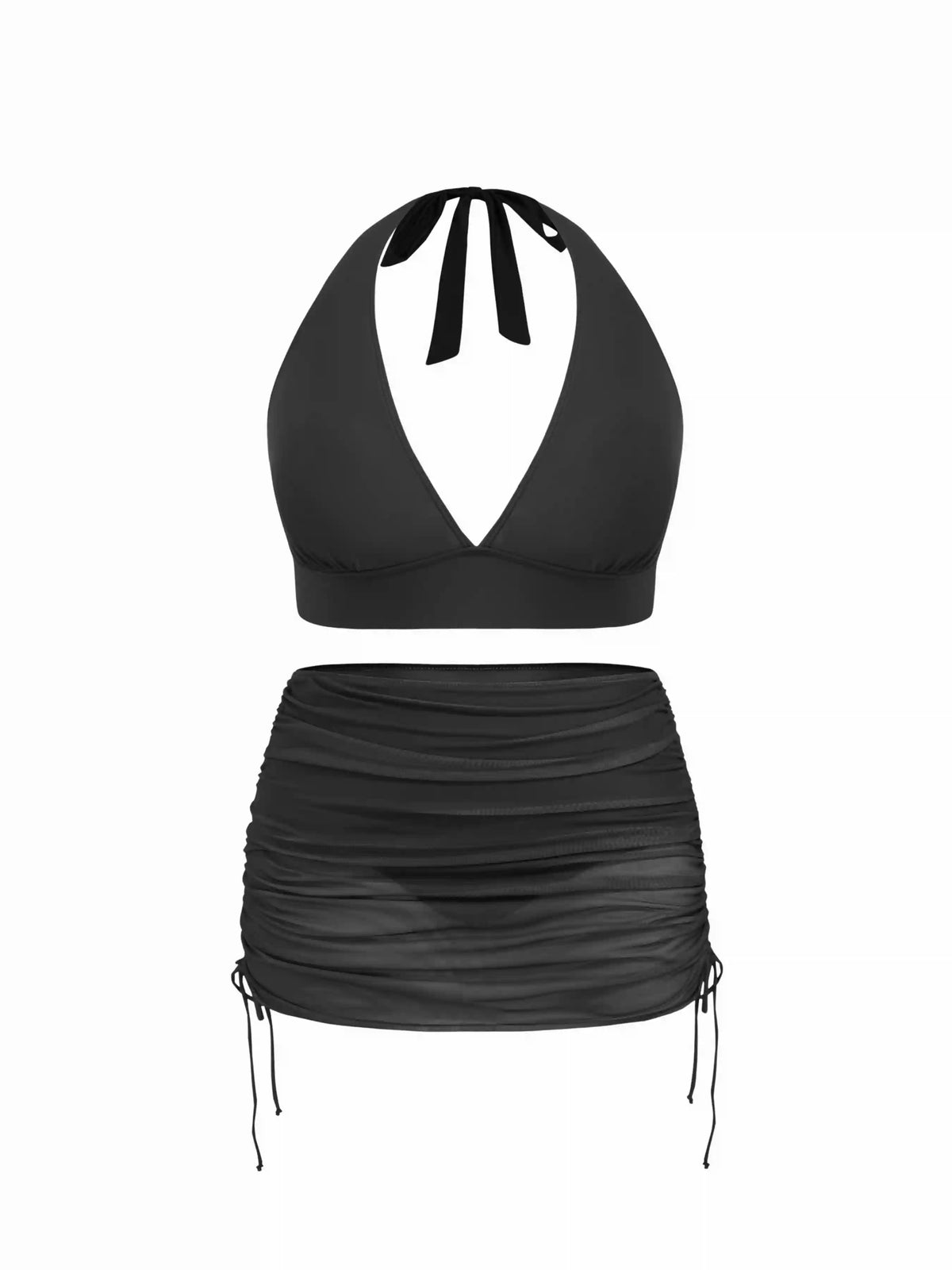 V-neck Halter Cheeky Tankini Swimsuit With Drawstring Cover Up Skirt Curve & Plus