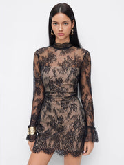 Lace Stand Collar Long Sleeve Straight Mini Dress