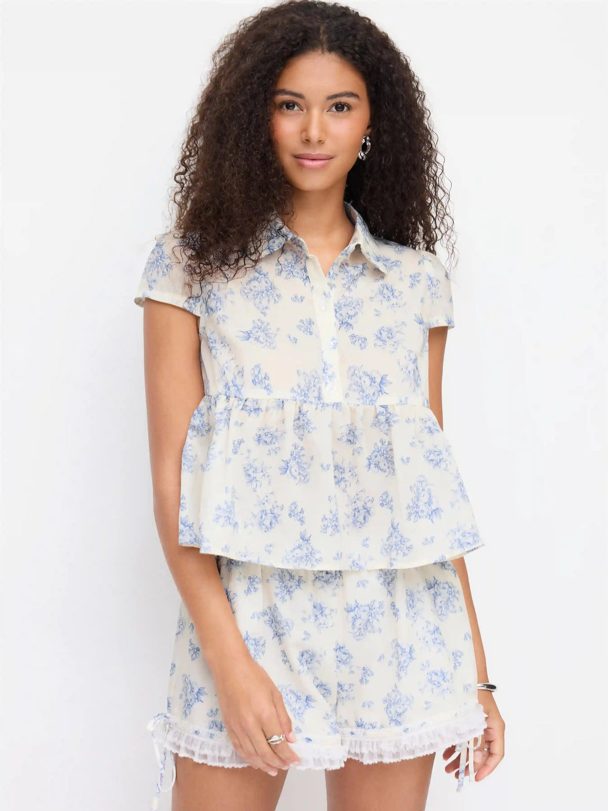 Cotton-blend Floral Peplum Short Sleeve Oversized Blouse