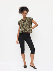 Leopard Peter Pan Collar Puff Short Sleeve Button Blouse