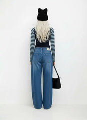 Cotton-blend Boat Neck Striped Star Appliques Tee