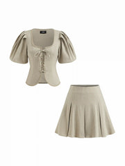 Cotton-blend U-neckline Stripe Tie Front Bow Lantern Sleeve Top & Mid Rise Pleated Mini Skirt Set