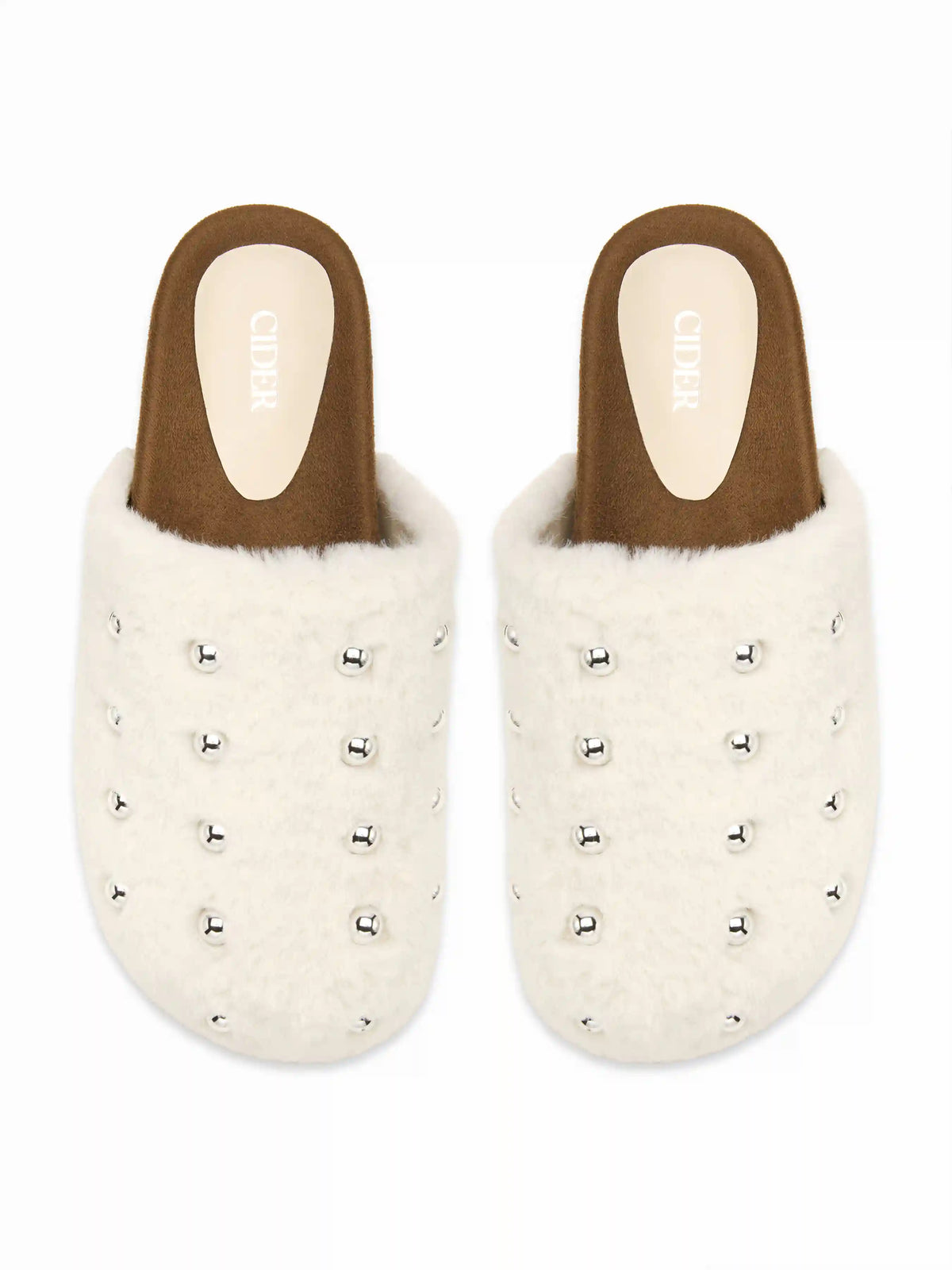 STUDDED FUZZY MULE FLATS