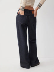 Denim Mid Rise Button Contrasting Binding Straight Leg Jeans