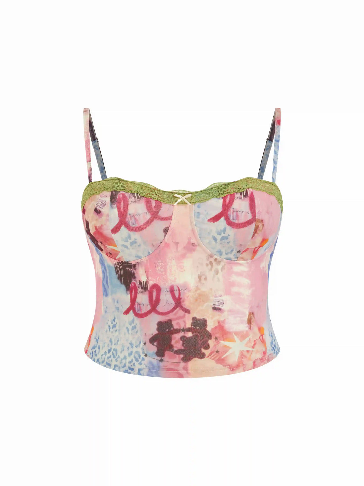 Bunny & Heart Print Lace Trim Bowknot Crop Cami Top Curve & Plus