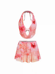 Floral & Leopard Halter Neckline Tie Side Bikini Set With Cover Top & Skirt