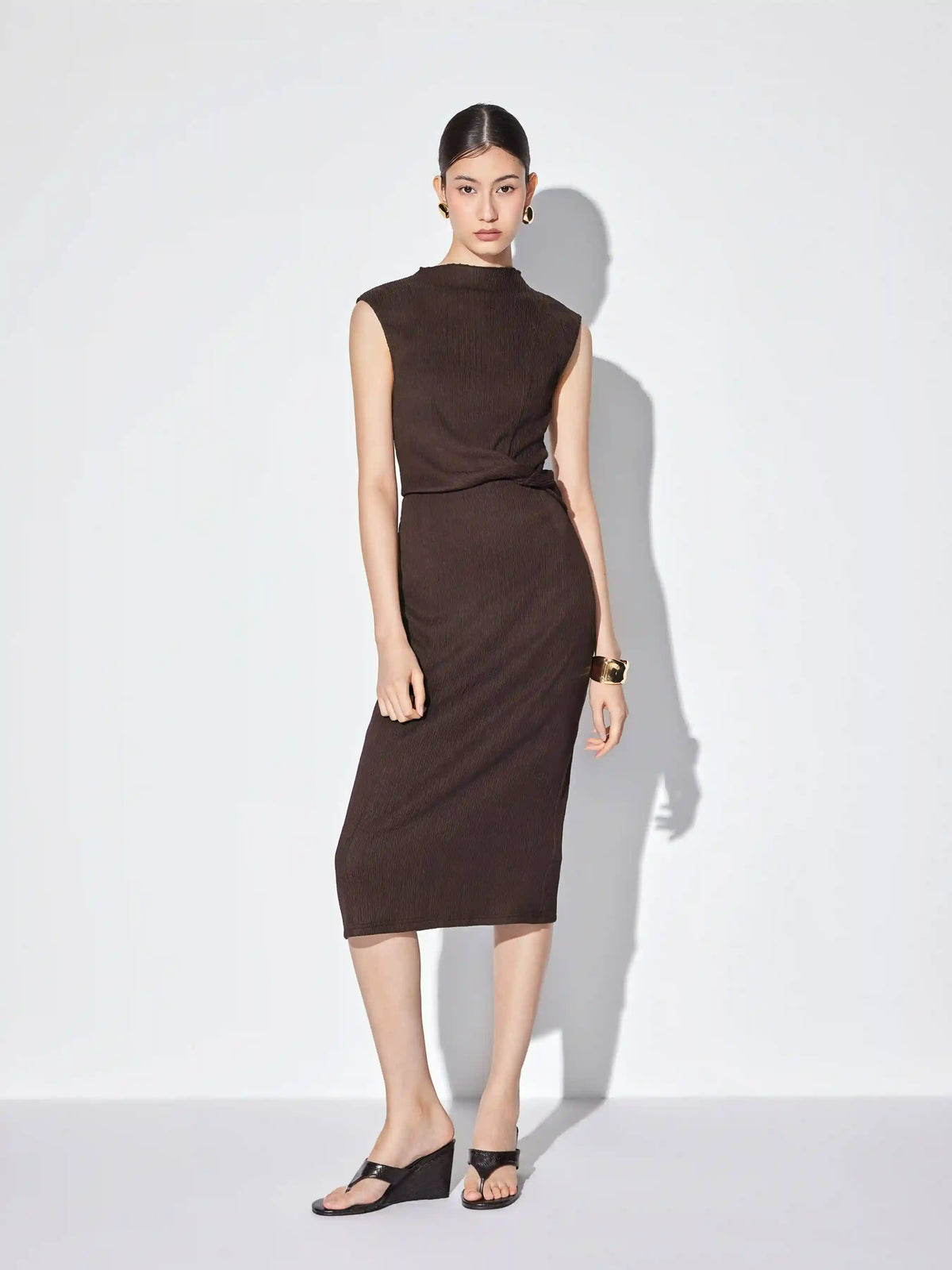 Textured High Neck Twist Knotted Straight Maxi Dress