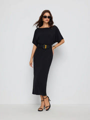 High Stretch Boat Neck Batwing Sleeve Straight Maxi Dress With Belt