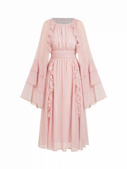 Chiffon Boat Neck Bell Sleeve Ruffled Flared Maxi Dress