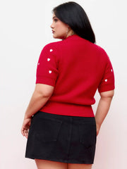 Knit Heart Pattern High Neck Top Curve & Plus