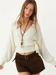 Cable Knit V-Neck Knotted Hollow Out Top