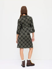 Wool-Look Low Rise Plaid Toggle Button Midi Skirt