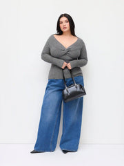 Knit V-neck Long Sleeve Twist Top Curve & Plus