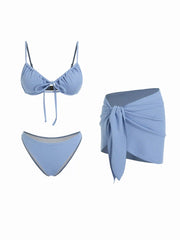 V-neck Underwire Ruched Tie Front Cheeky Three-piece Bikini Set
