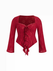 Jacquard Bell Sleeve Sweetheart Floral Lace Ruffle Tie-Front Curve & Plus