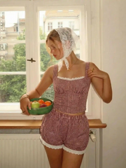 Cotton Square Neck Lace Panel Gingham Top & Mid Rise Bubble Hem Shorts Set