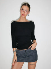 Cotton-blend Boat Neck Mid-length Sleeve Top