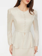 Round Neckline Tie Back Peplum Top & Mid Rise Maxi Skirt Set