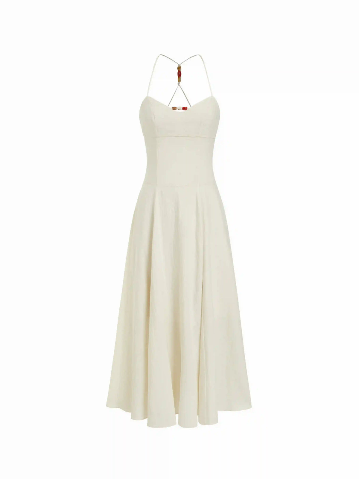 Linen-blend Sweetheart Neckline Beaded Backless Maxi Cami Dress