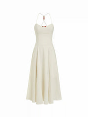 Linen-blend Sweetheart Neckline Beaded Backless Maxi Cami Dress