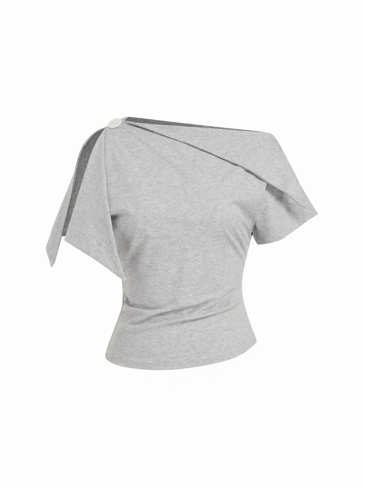 Cotton-blend Asymmetrical Neck Draped Button Short Sleeve Top