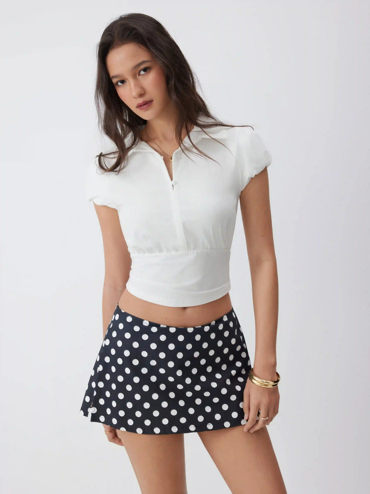 Cotton-blend Polo Neck Puff Sleeve Drawstring Top