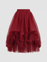 Voluminous Mesh Mid Rise Ruffle Tulle Maxi Skirt