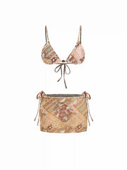 V-neck Paisley Bead Detail Triangle Low Rise Bikini Set With Beach Skirt