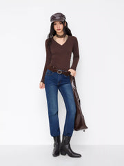 Cotton-blend Colorblock Halter V-neck Long Sleeve Ruched Bodysuit