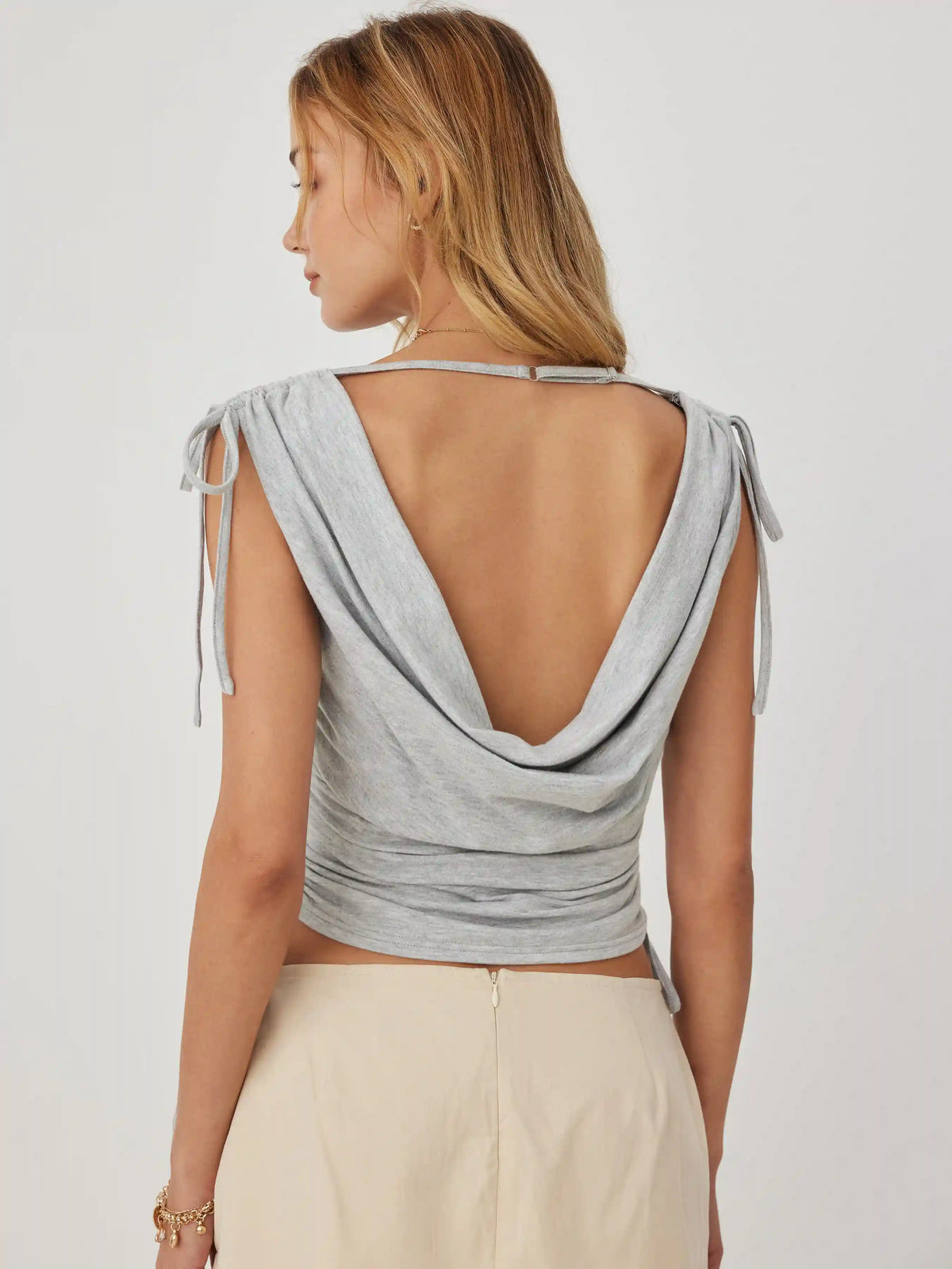 High Stretch Boat Neck Backless Ruched Tie-Shoulder Top