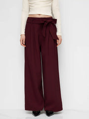 Mid Rise Plicated Wide Leg Trousers With Two Belts